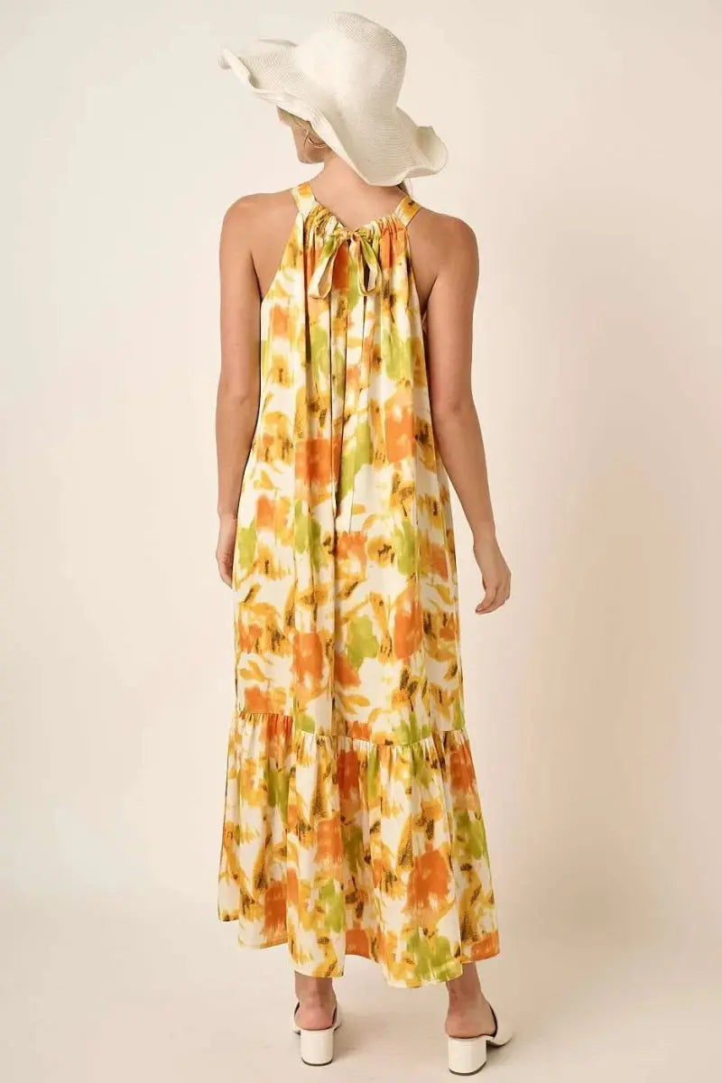Mittoshop Watercolor Print Halter Neck Satin Maxi Dress - Love Salve 