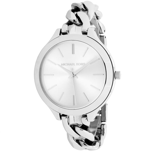 Bids.com Michael Kors Women's Slim Runway watch, showcasing a sleek gold-tone stainless steel case and elegant dial.