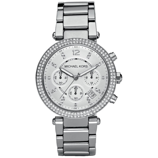 Bids.com Michael Kors Women's Parker watch, elegant gold-tone stainless steel with crystal accents, front view for quality sh