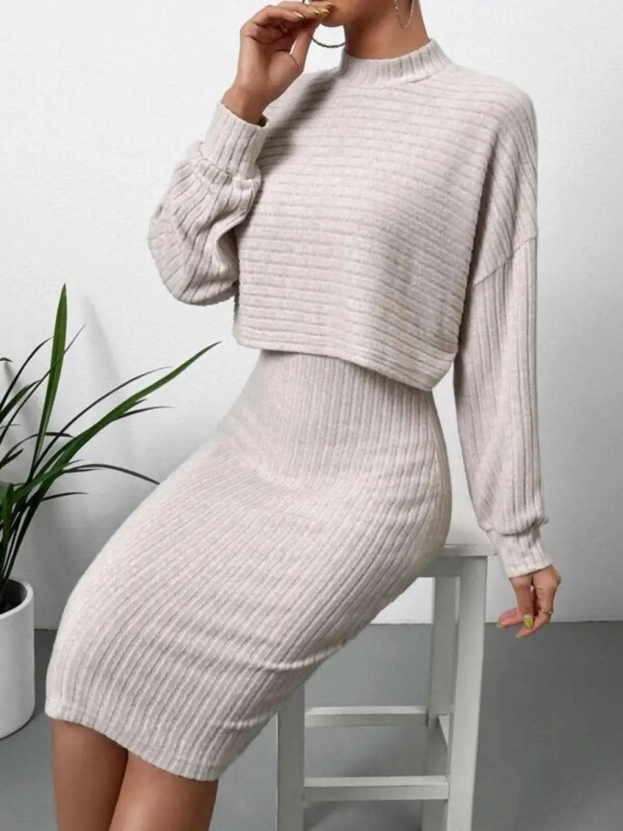 Mock Neck Long Sleeve Top with Wide Strap Dress Combo Set - Love Salve 