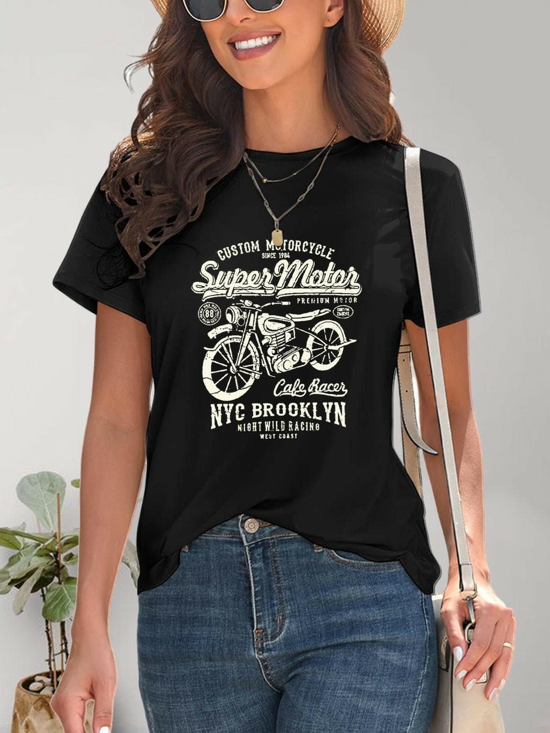 Rev Up Your Style with Motorcycle Graphic TeeRev Up Your Style with Motorcycle Graphic Tee
 Introducing our Motorcycle Graphic Round Neck T-Shirt, the perfect addition to your wardrobe for all motorcycle enthusLove Salve Motorcycle Graphic TeeGraphic