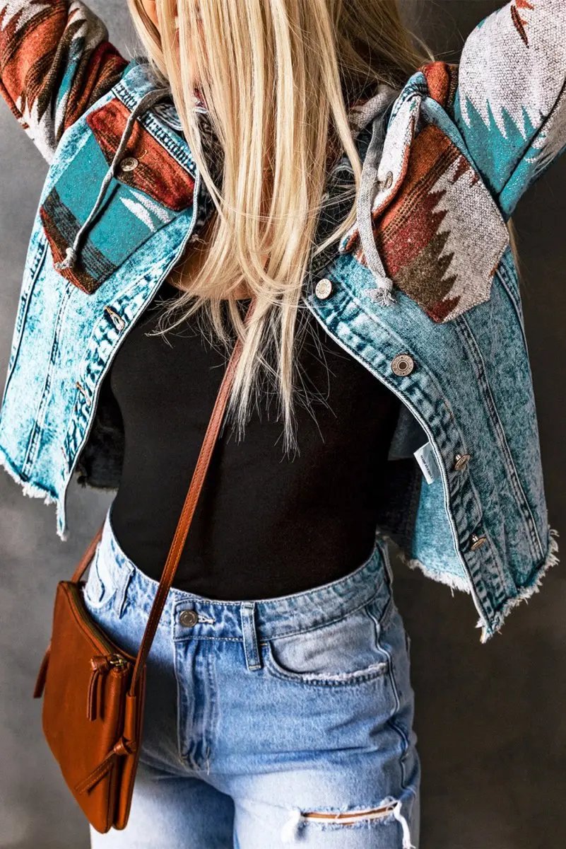 Multicolor Aztec Print Frayed Hem Denim Jacket for Women - Love Salve 