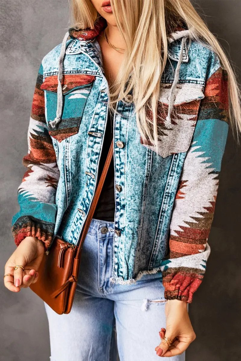 Multicolor Aztec Print Frayed Hem Denim Jacket for Women - Love Salve 