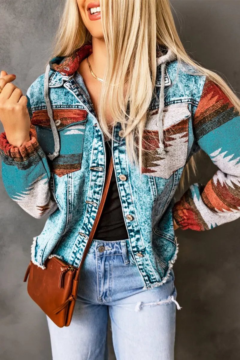 Multicolor Aztec Print Frayed Hem Denim Jacket for Women - Love Salve 