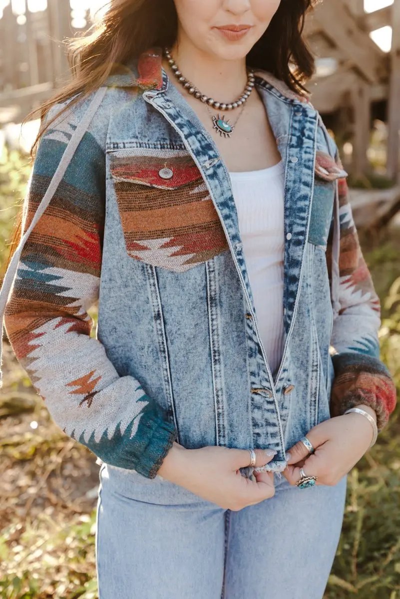 Multicolor Aztec Print Frayed Hem Denim Jacket for Women - Love Salve 