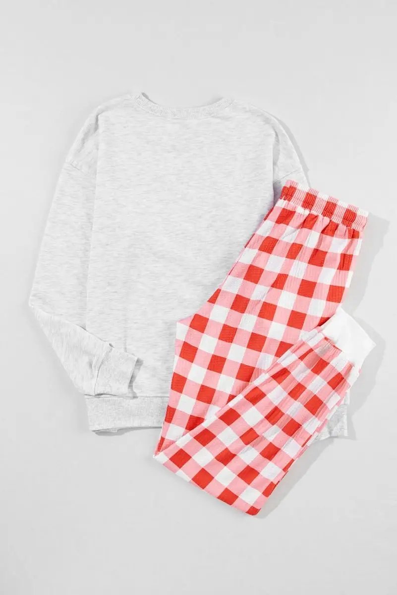 Multicolor Christmas Claus Graphic Top Plaid Pants Lounge Set - Love Salve 