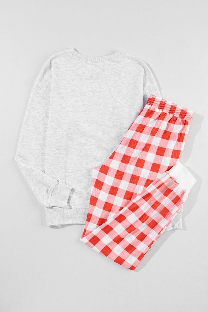 Multicolor Christmas Claus Graphic Top Plaid Pants Lounge Set - Love Salve 