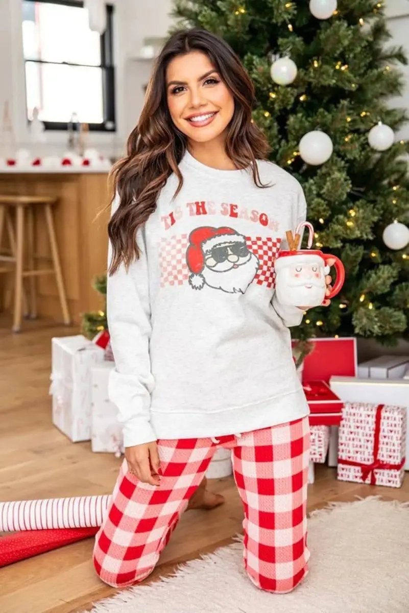 Multicolor Christmas Claus Graphic Top Plaid Pants Lounge Set - Love Salve 