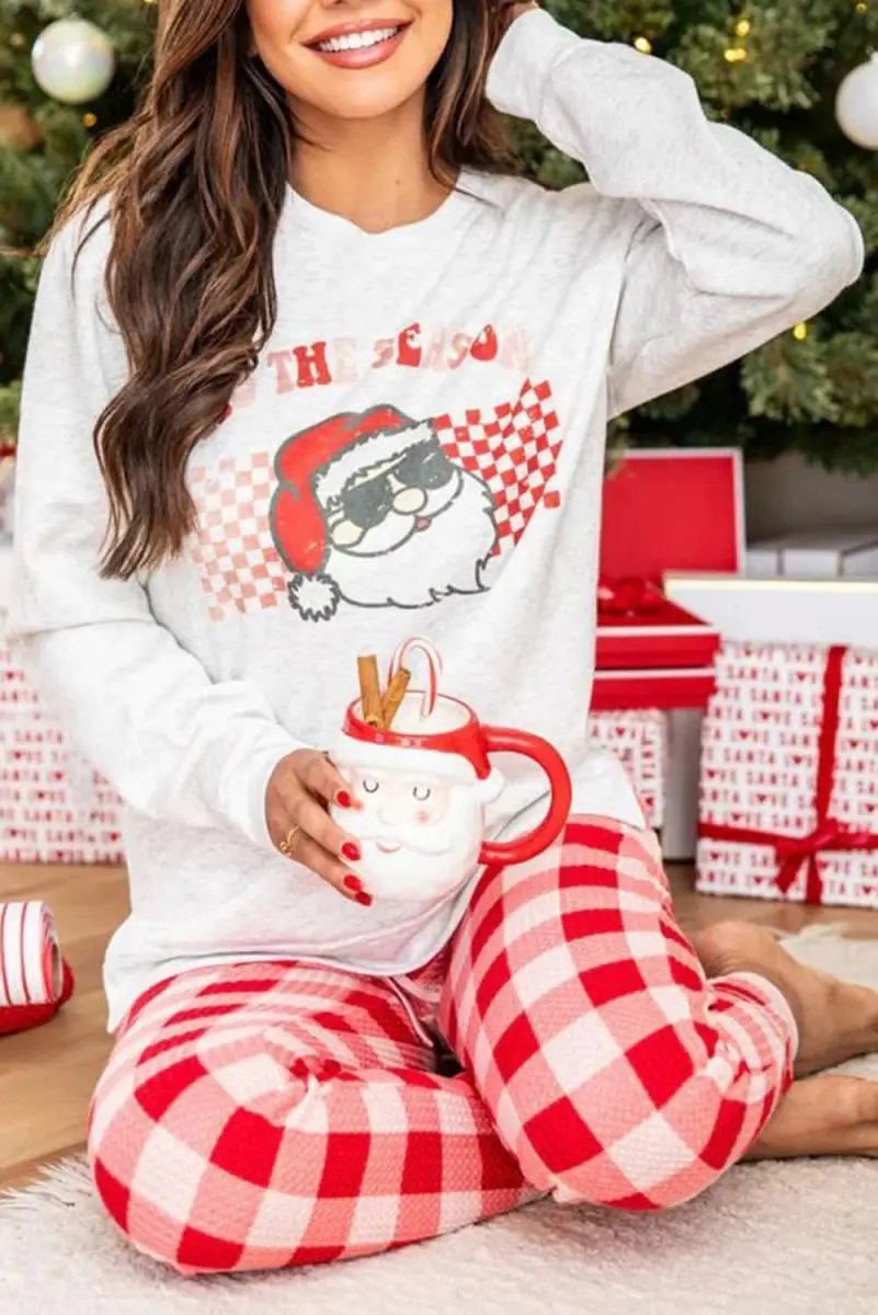 Multicolor Christmas Claus Graphic Top Plaid Pants Lounge Set - Love Salve 
