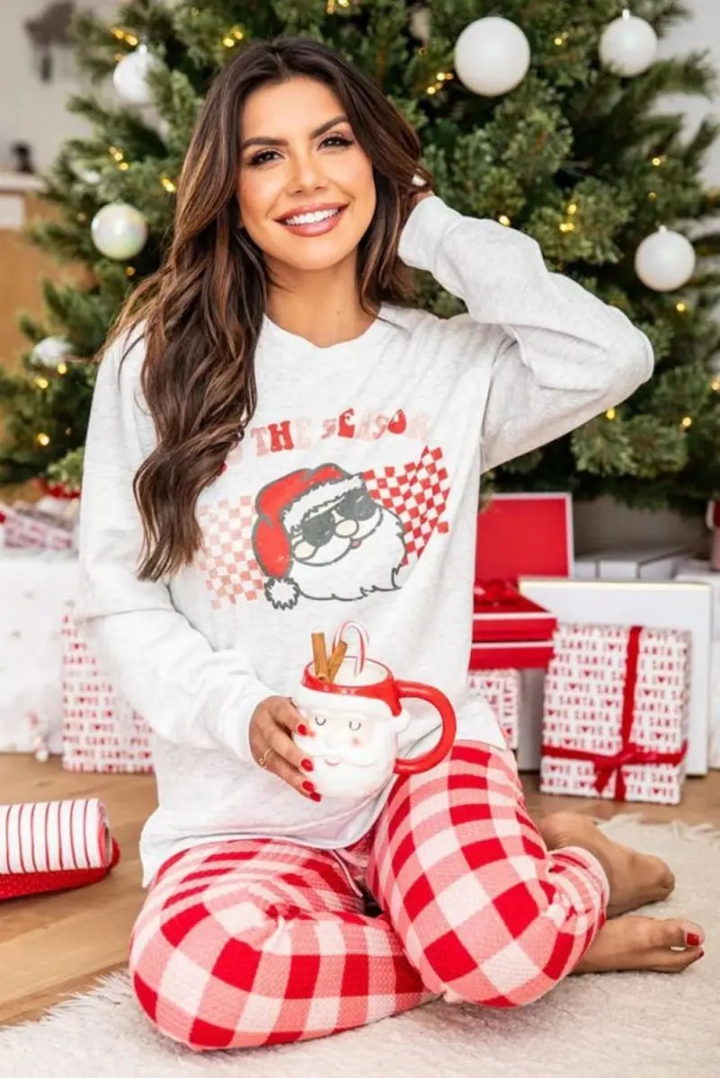 Multicolor Christmas Claus Graphic Top Plaid Pants Lounge Set - Love Salve 