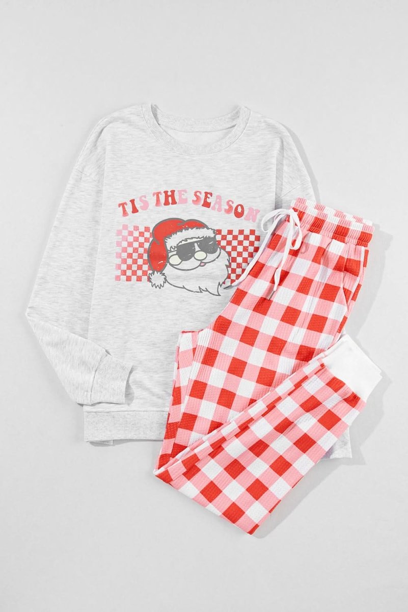 Multicolor Christmas Claus Graphic Top Plaid Pants Lounge Set - Love Salve 