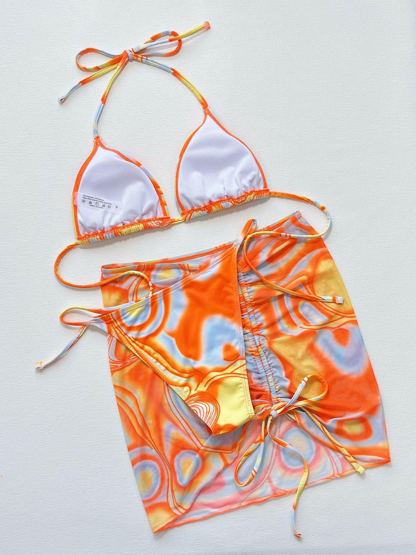 Multicolored Drawstring Ruched Three-Piece Swim Set - Love Salve