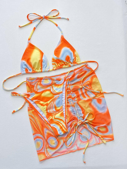 Multicolored Drawstring Ruched Three-Piece Swim Set - Love Salve