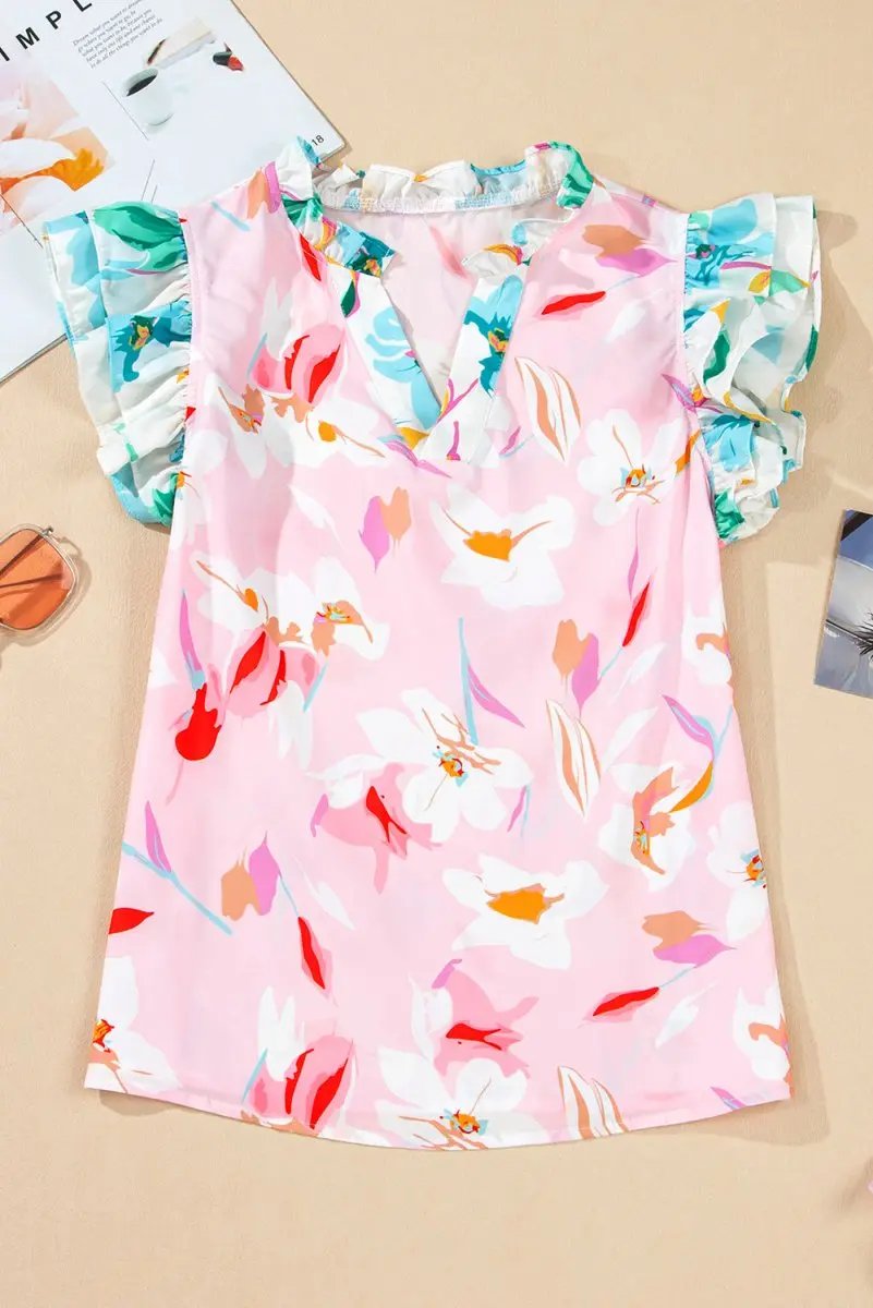 Multicolour Contrast Floral Patchwork Notched Neck Blouse - Love Salve 