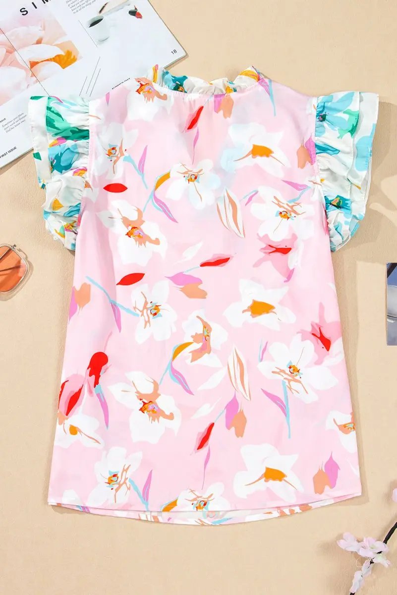 Multicolour Contrast Floral Patchwork Notched Neck Blouse - Love Salve 