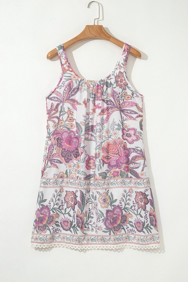 Multicolour Floral Print Fringed Tie U Neck Mini Dress - Love Salve 