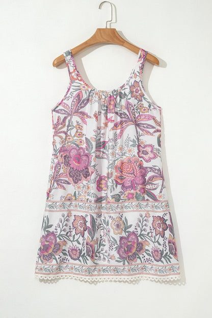 Multicolour Floral Print Fringed Tie U Neck Mini Dress - Love Salve 