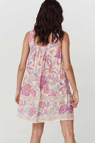 Multicolour Floral Print Fringed Tie U Neck Mini Dress - Love Salve 