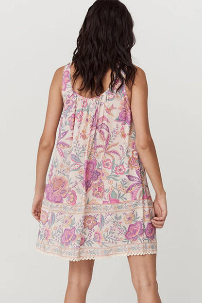 Multicolour Floral Print Fringed Tie U Neck Mini Dress - Love Salve 