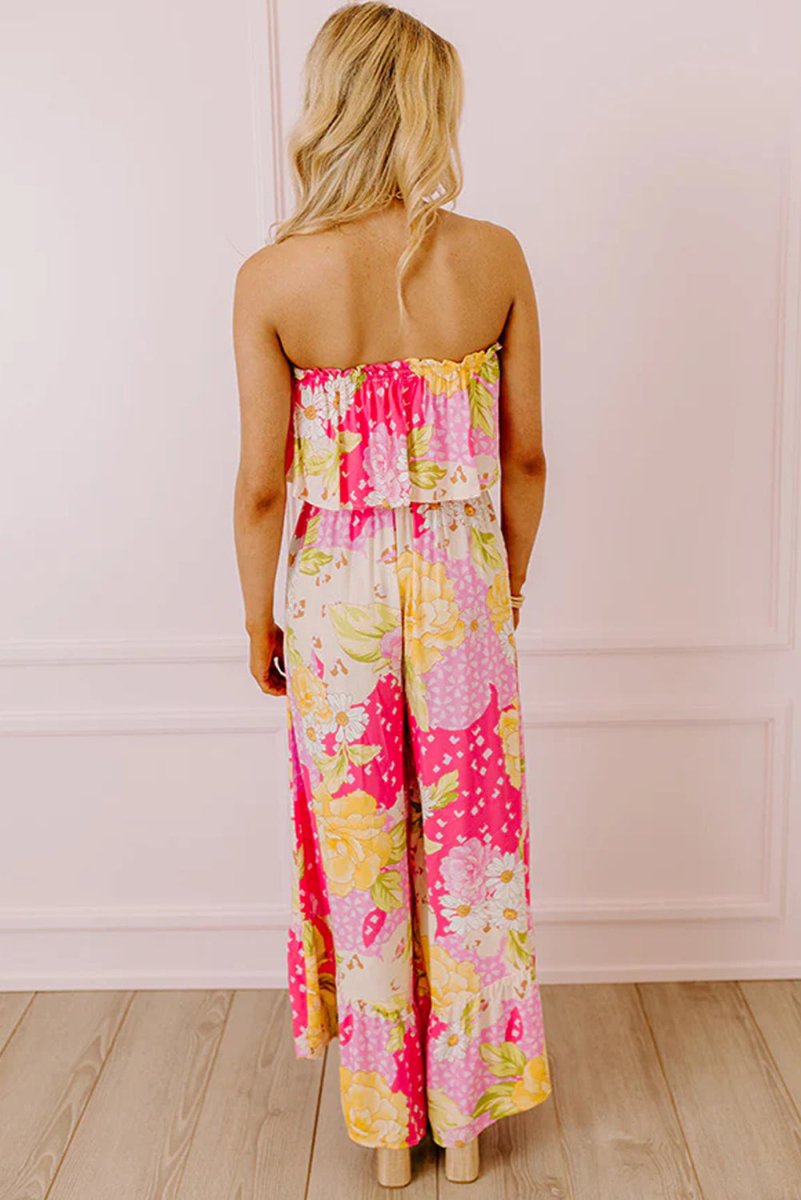 Multicolour Floral Print Ruffled High Waist Tube Top Jumpsuit - Love Salve