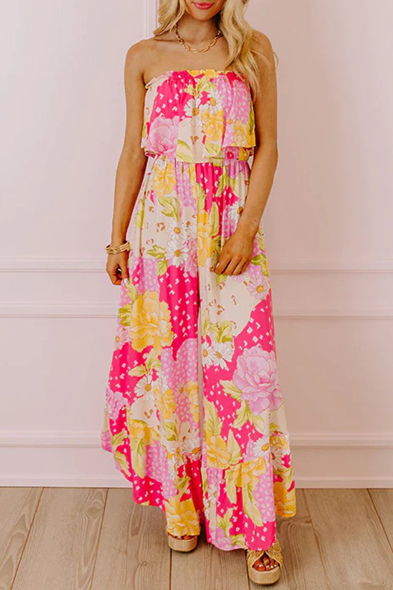 Multicolour Floral Print Ruffled High Waist Tube Top Jumpsuit - Love Salve