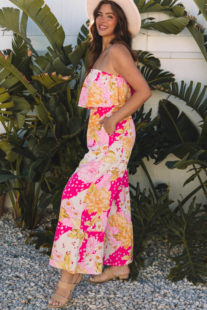 Multicolour Floral Print Ruffled High Waist Tube Top Jumpsuit - Love Salve