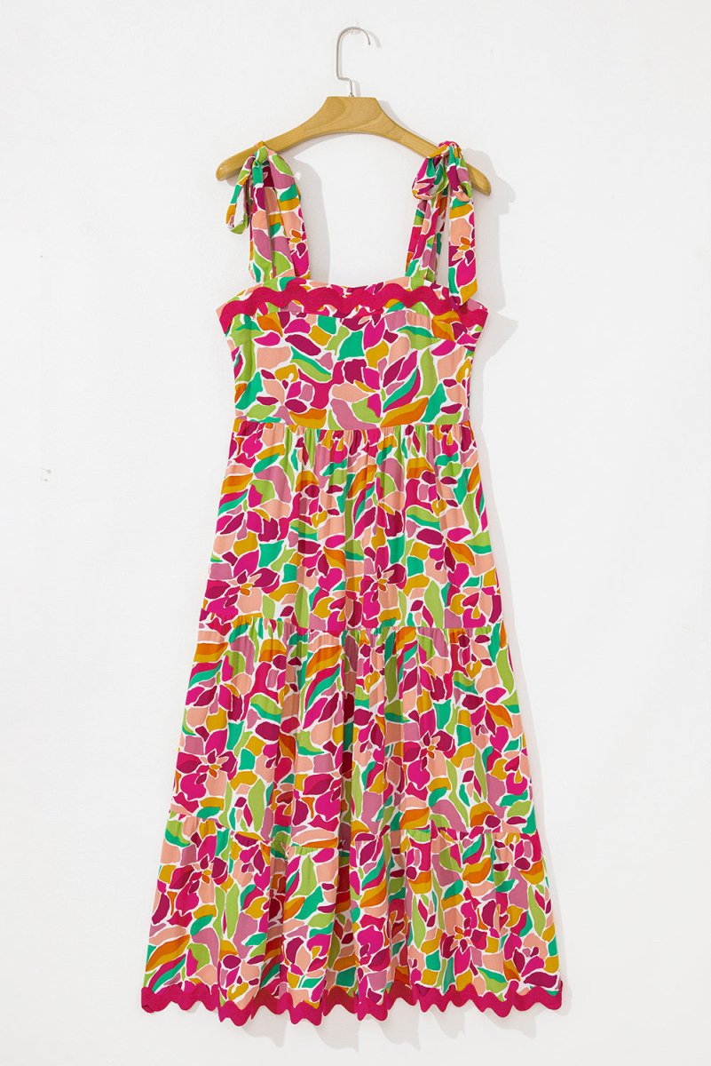 Multicolour Floral Tied Straps Ricrac Trim Maxi Dress for Women - Love Salve 