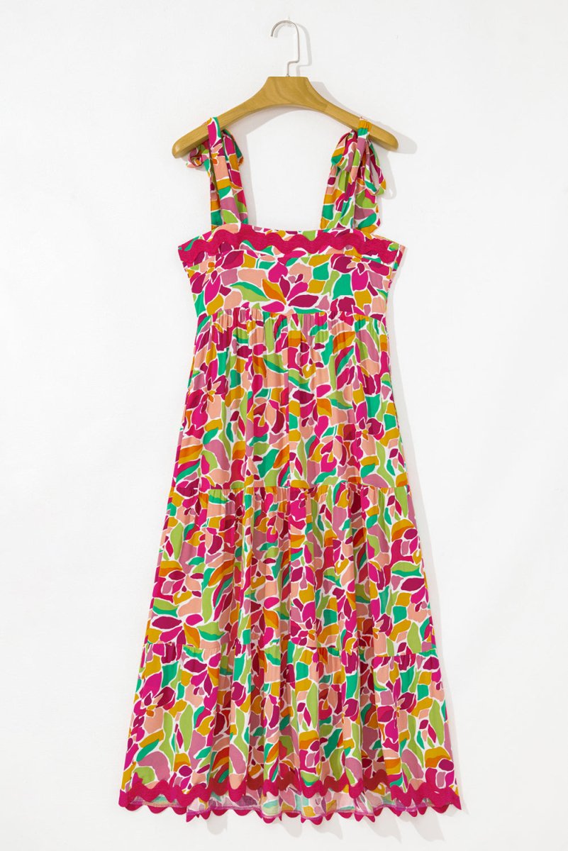 Multicolour Floral Tied Straps Ricrac Trim Maxi Dress for Women - Love Salve 