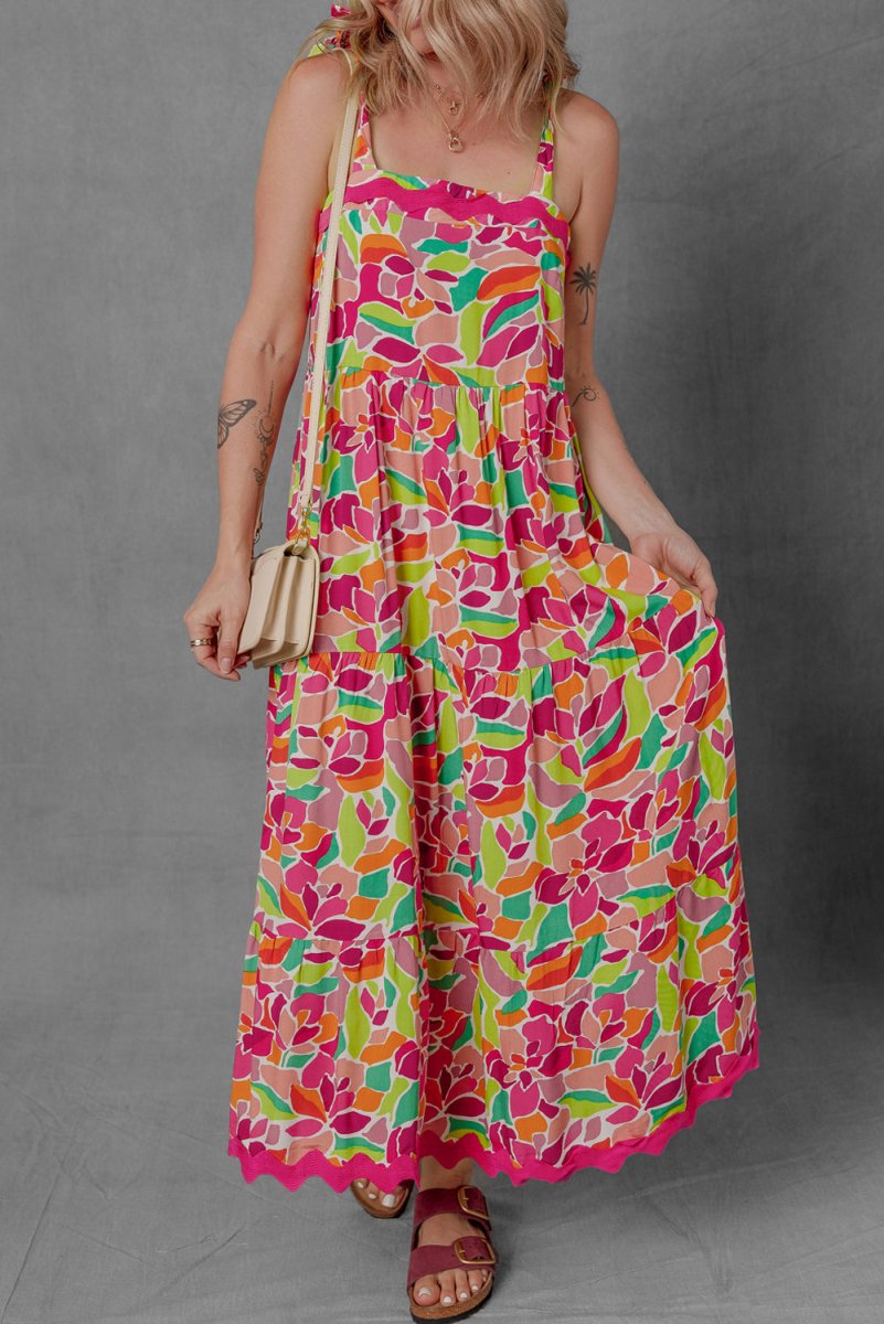 Multicolour Floral Tied Straps Ricrac Trim Maxi Dress for Women - Love Salve 