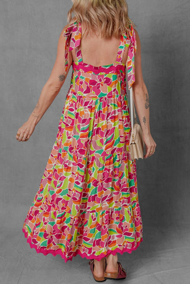 Multicolour Floral Tied Straps Ricrac Trim Maxi Dress for Women - Love Salve 