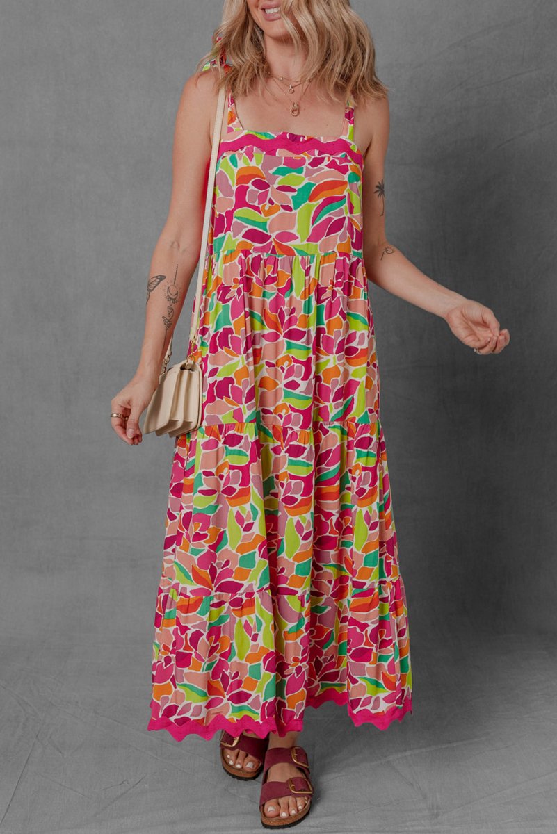 Multicolour Floral Tied Straps Ricrac Trim Maxi Dress for Women - Love Salve 