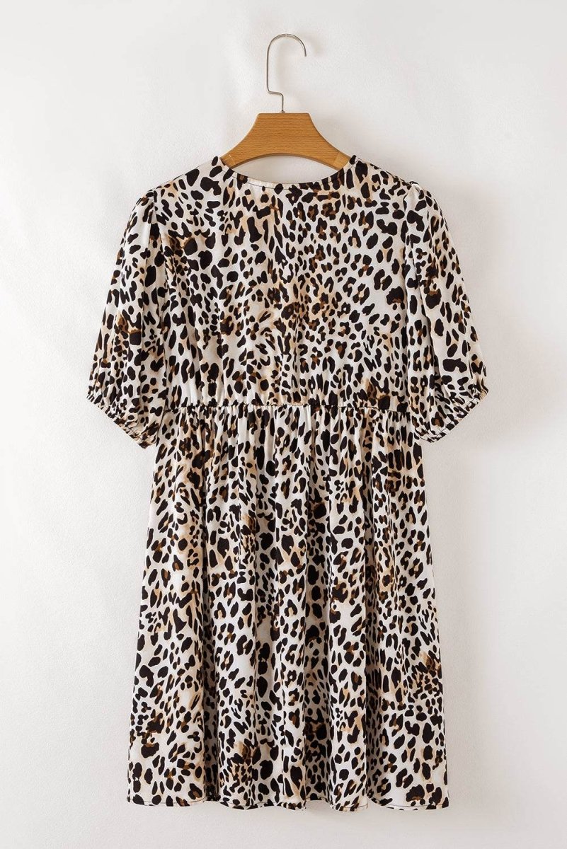 Multicolour Leopard Tie Front Puff Sleeve Short Flared Dress - Love Salve 
