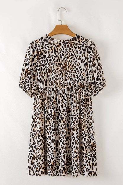 Multicolour Leopard Tie Front Puff Sleeve Short Flared Dress - Love Salve 