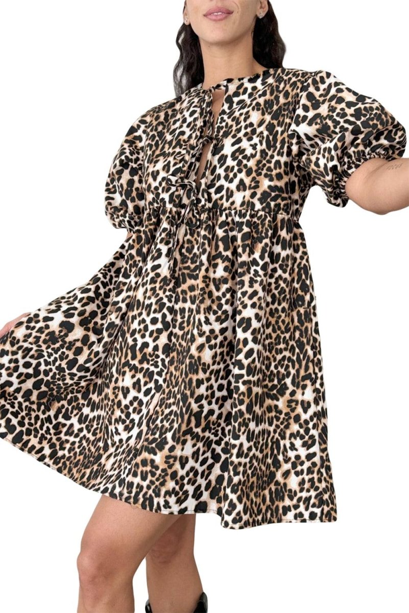 Multicolour Leopard Tie Front Puff Sleeve Short Flared Dress - Love Salve 