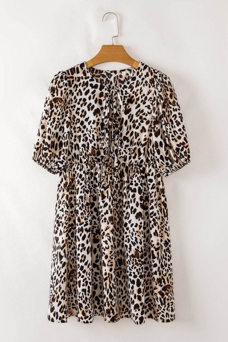 Multicolour Leopard Tie Front Puff Sleeve Short Flared Dress - Love Salve 