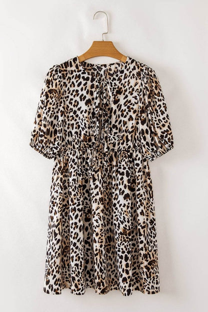 Multicolour Leopard Tie Front Puff Sleeve Short Flared Dress - Love Salve 