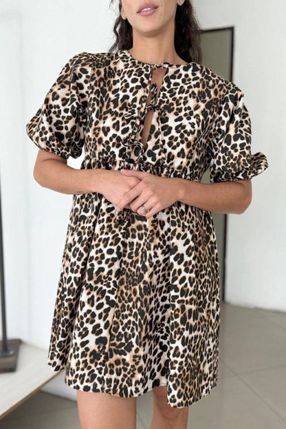 Multicolour Leopard Tie Front Puff Sleeve Short Flared Dress - Love Salve 