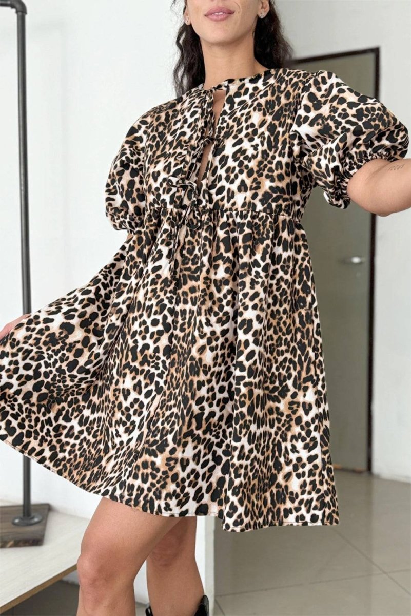 Multicolour Leopard Tie Front Puff Sleeve Short Flared Dress - Love Salve 