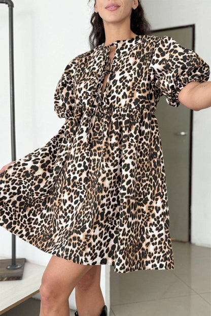 Multicolour Leopard Tie Front Puff Sleeve Short Flared Dress - Love Salve 