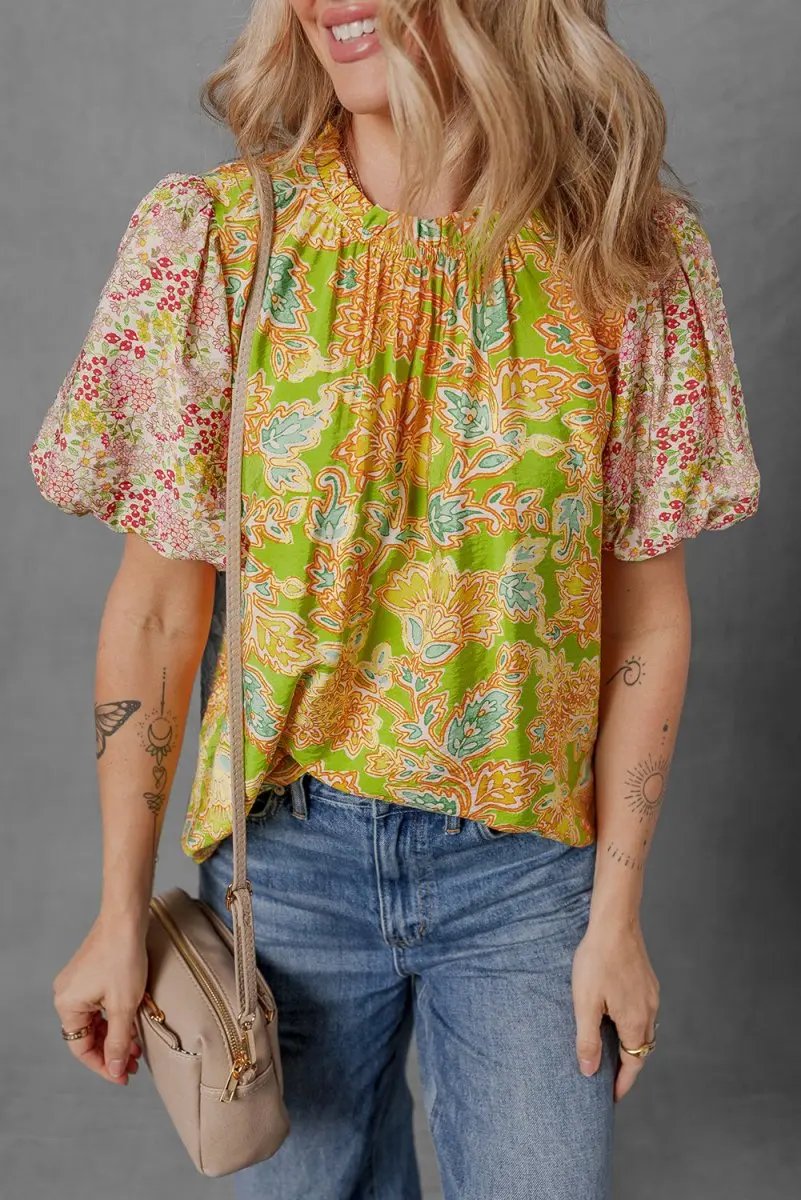 Multicolour Printed Contrast Bubble Sleeve Patchwork Blouse - Love Salve 