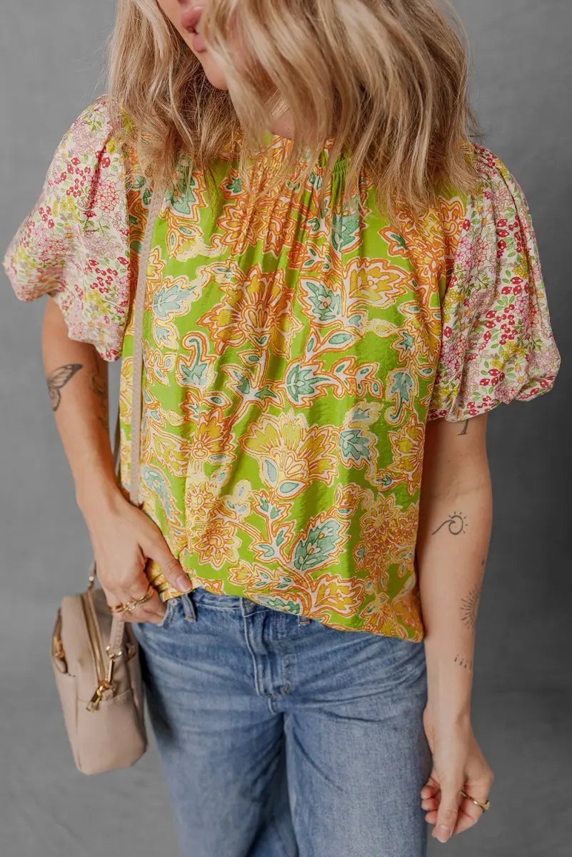 Multicolour Printed Contrast Bubble Sleeve Patchwork Blouse - Love Salve 