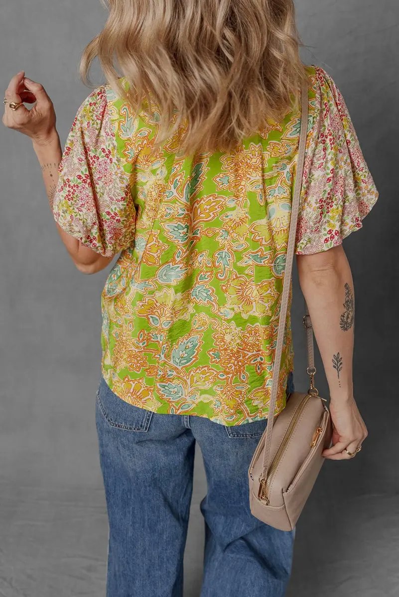 Multicolour Printed Contrast Bubble Sleeve Patchwork Blouse - Love Salve 