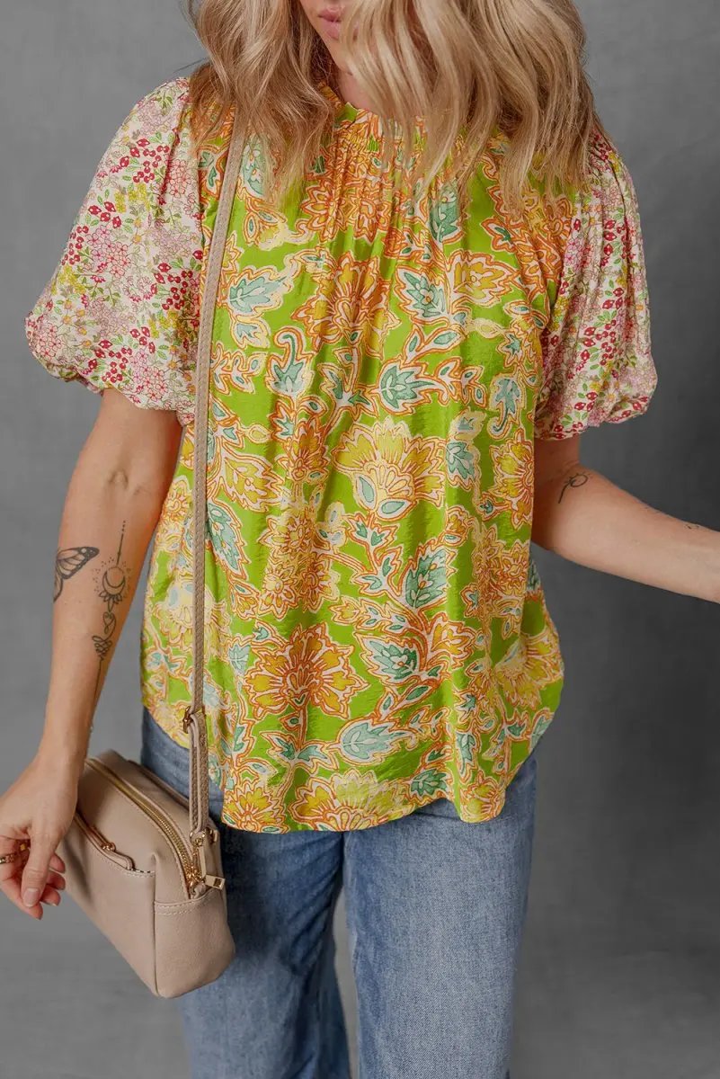 Multicolour Printed Contrast Bubble Sleeve Patchwork Blouse - Love Salve 