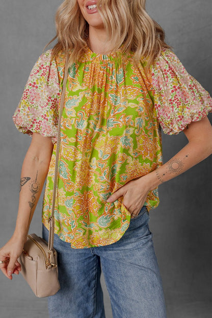 Multicolour Printed Contrast Bubble Sleeve Patchwork Blouse - Love Salve 
