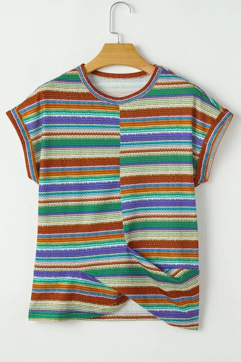 Multicolour Striped Pattern Twist Hem Short Sleeve Top - Love Salve 
