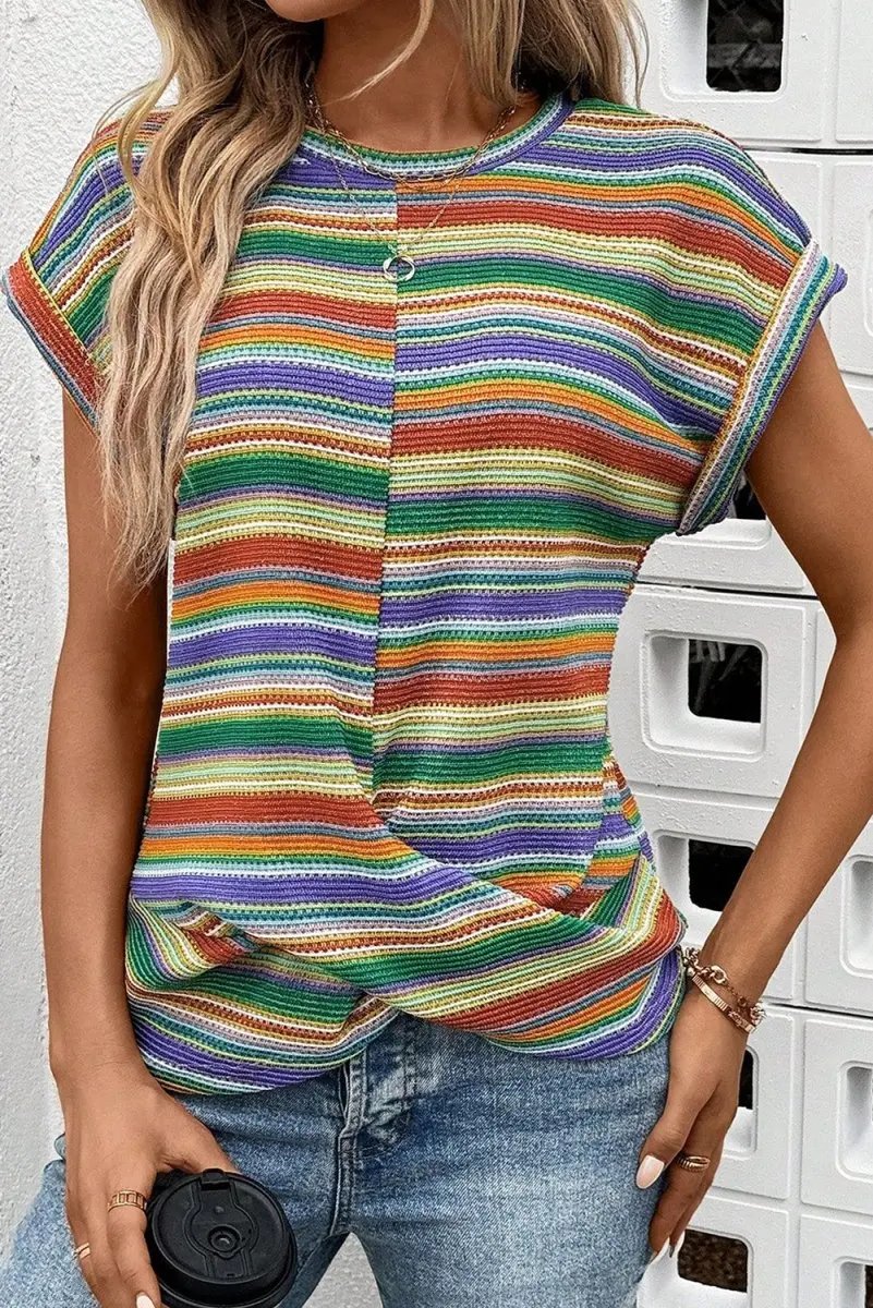 Multicolour Striped Pattern Twist Hem Short Sleeve Top - Love Salve 