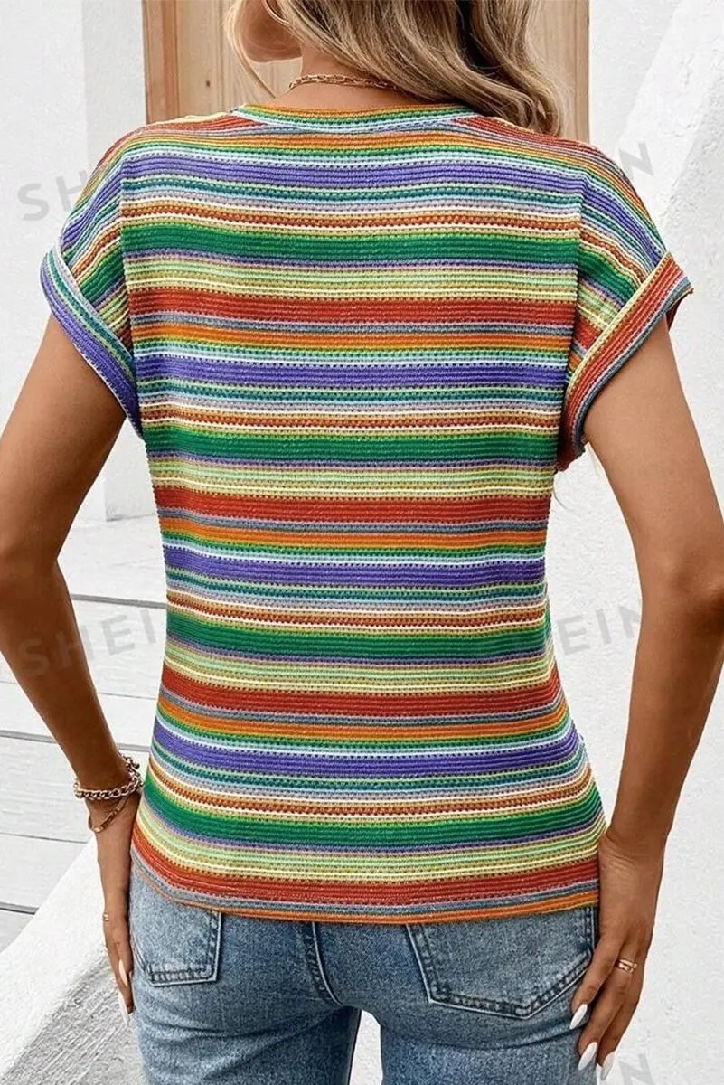 Multicolour Striped Pattern Twist Hem Short Sleeve Top - Love Salve 