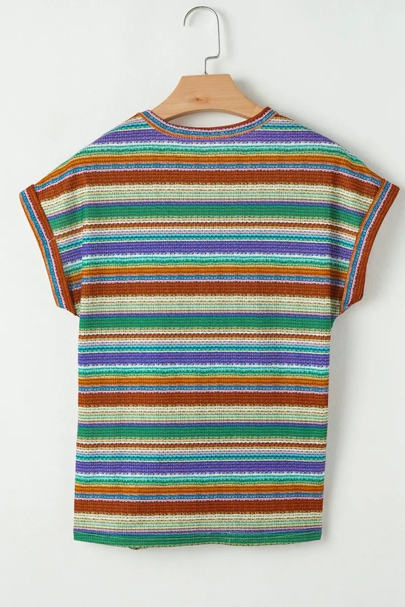 Multicolour Striped Pattern Twist Hem Short Sleeve Top - Love Salve 