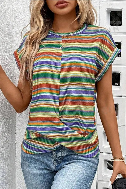 Multicolour Striped Pattern Twist Hem Short Sleeve Top - Love Salve 