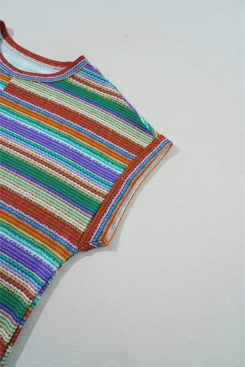 Multicolour Striped Pattern Twist Hem Short Sleeve Top - Love Salve 